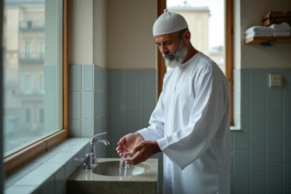 Homme effectuant les ablutions dans une mosquée de Compiègne avant la prière de fajr