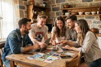 Groupe d'amis planifiant ensemble un achat groupé de billets pour le festival des Vieilles Charrues 2026 autour d'une table