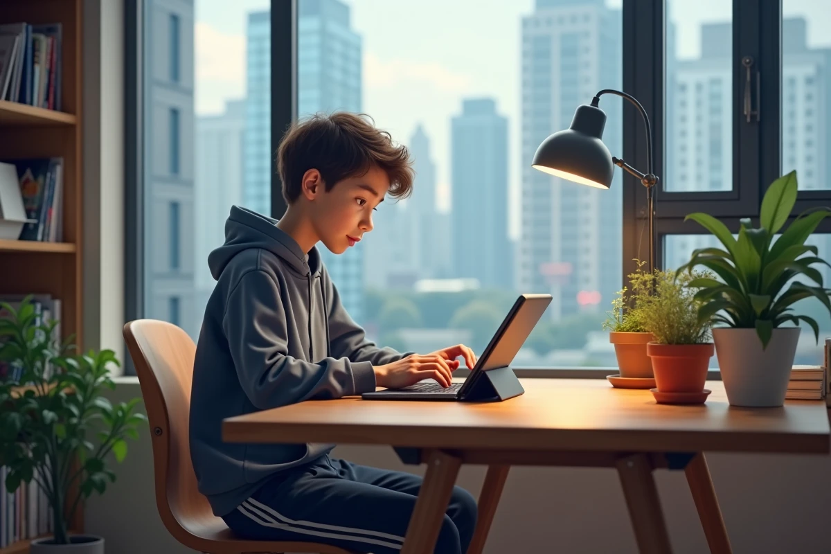 Adolescent regardant des webtoons sur une tablette dans un salon moderne