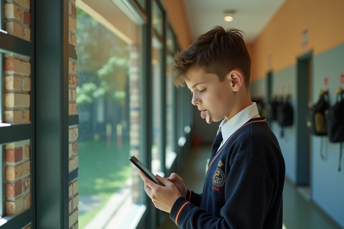 Adolescent jouant à Snake dans un couloir scolaire en journée