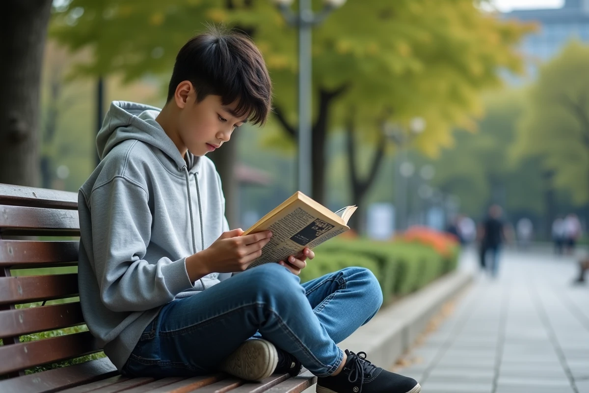 Adolescent lisant un manga dans un parc en plein air