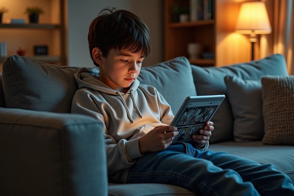 Adolescent détendu lisant manga sur tablette dans le salon