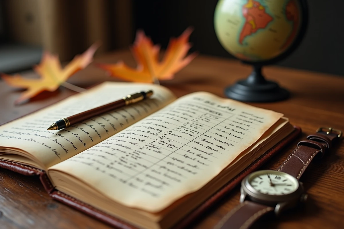 Gros plan d'un agenda en cuir usé avec des annotations manuscrites sur les 365 jours et une montre mécanique vintage posée à côté