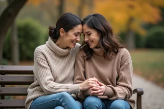 Deux amies assises sur un banc de jardin d'hôpital se tenant la main avec tendresse et soutien émotionnel