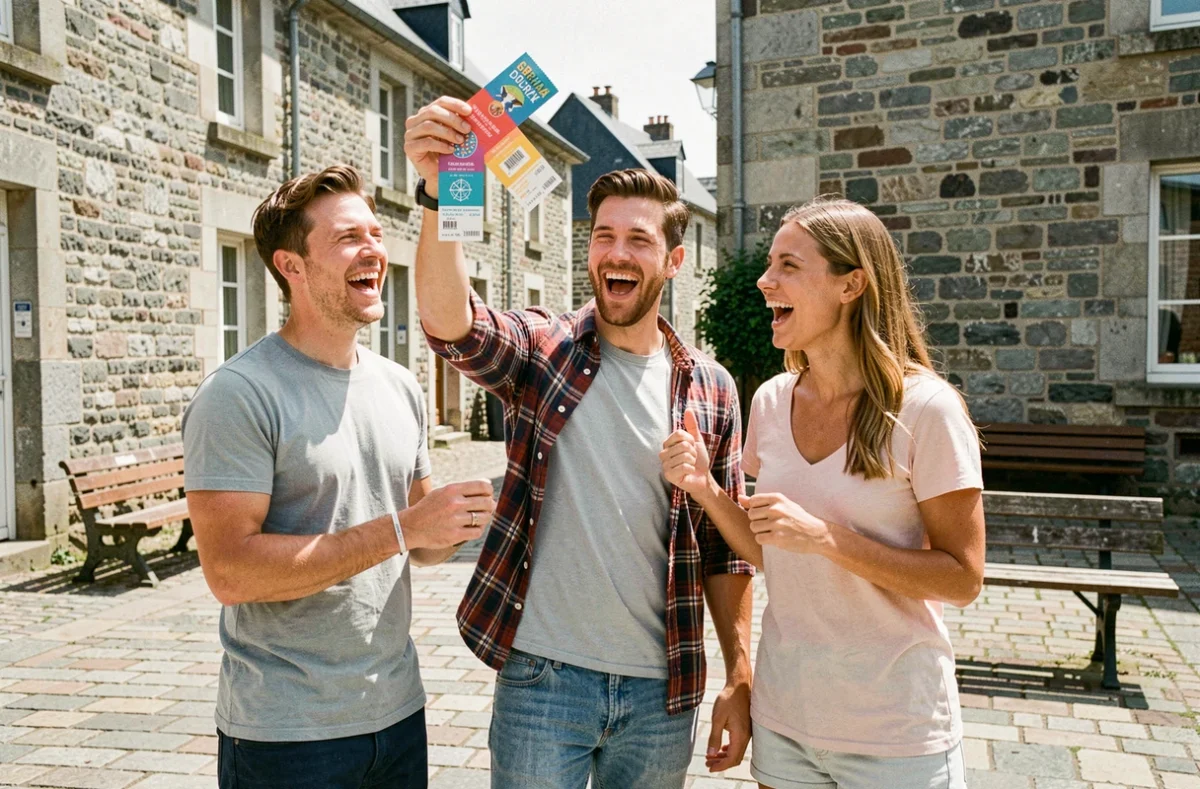Trois amis heureux tenant leurs billets pour les Vieilles Charrues 2026 dans une place de ville bretonne