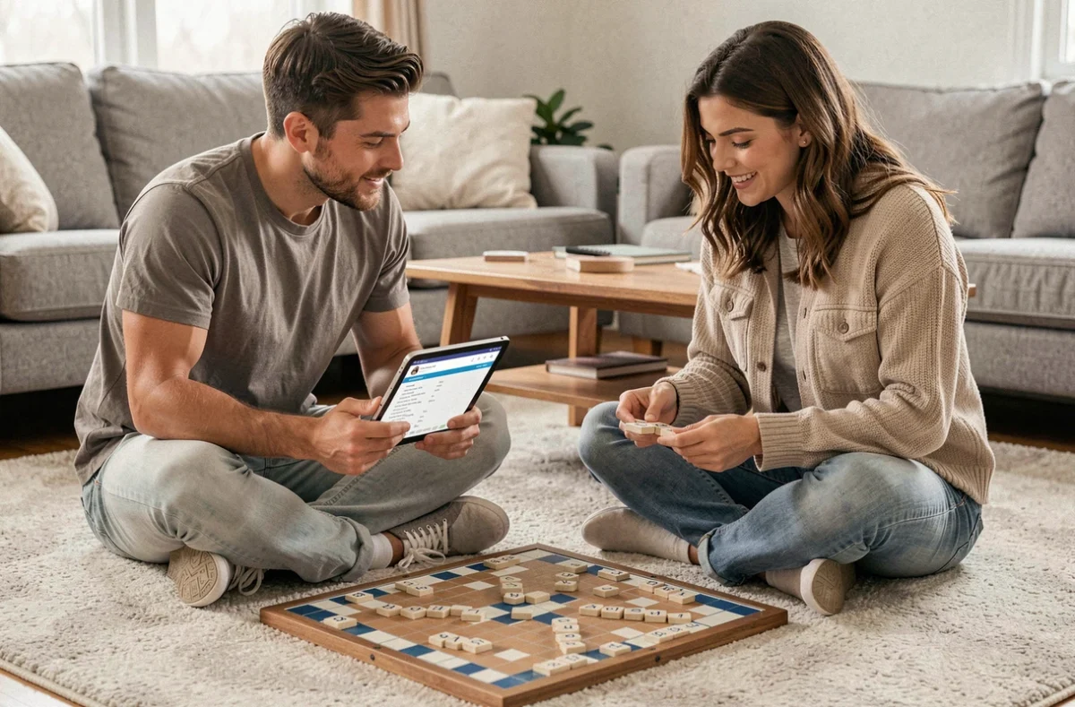 Deux amis jouant au Scrabble sur le sol du salon en consultant un outil anagramme sur tablette