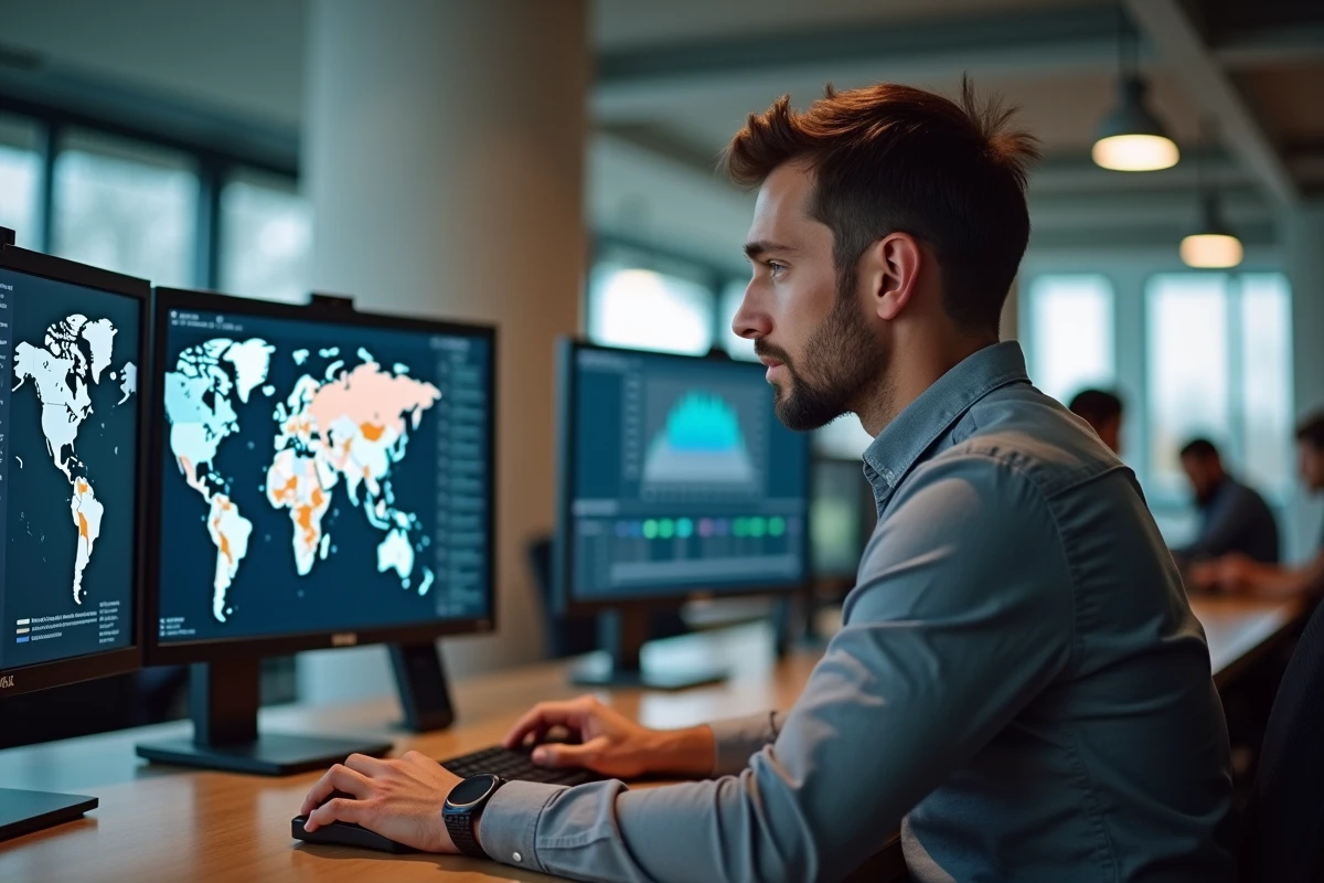Analyste de données comparant les indices de développement des pays de l'OCDE sur des écrans interactifs dans un institut de recherche