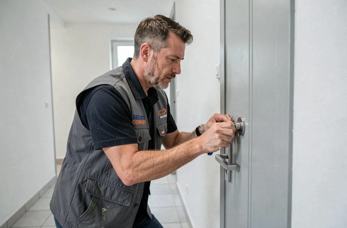 Serrurier spécialisé en antivol installant une serrure sécurisée sur une porte d'appartement au Havre