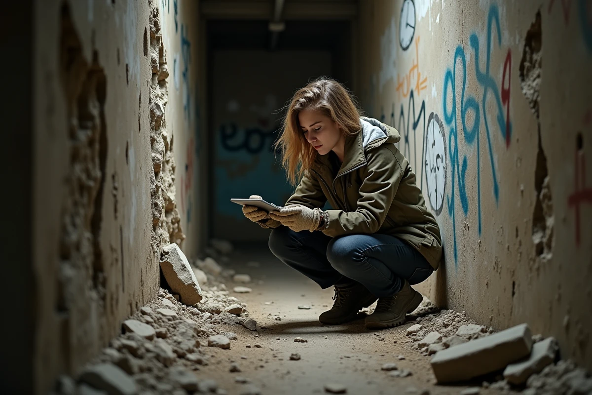 Jeune archéologue documentant un bunker abandonné