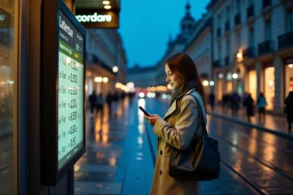 Femme consultant les horaires de tram de nuit à un arrêt du centre de Bordeaux sous la pluie