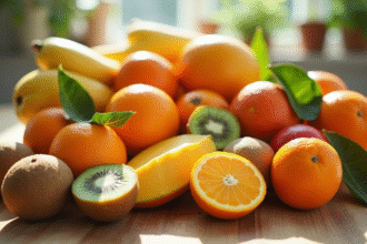 Assortiment de fruits frais et vitaminés sur une table en cuisine