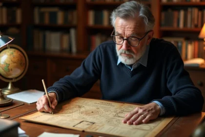 Astronome examinant un calendrier astronomique ancien sur un bureau en bois entouré d'une sphère armillaire et de notes manuscrites