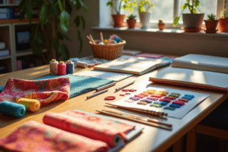 Espace de travail d'un designer textile avec échantillons et outils