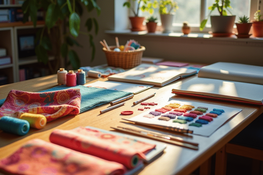 Espace de travail d'un designer textile avec échantillons et outils