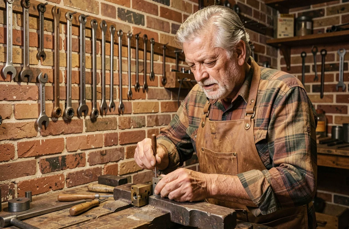 Artisan de l'Atelier Thoumyre à Caen travaillant à la lime sur une pièce de serrurerie sur mesure dans un atelier traditionnel