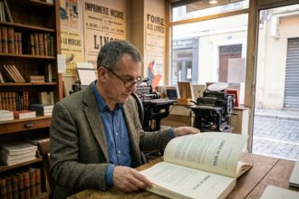Auteur relisant un livre dans une librairie niçoise chaleureuse