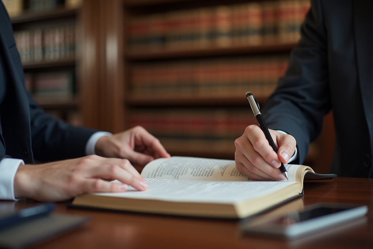 Avocat annotant un code civil français dans un bureau professionnel