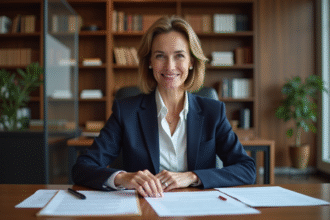 Femme avocate en costume bleu examinant des documents juridiques