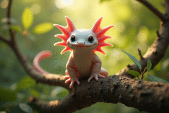 Axolotl sur une branche dans une forêt ensoleillée