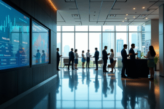 Lobby bancaire moderne avec écrans tactiles et professionnels