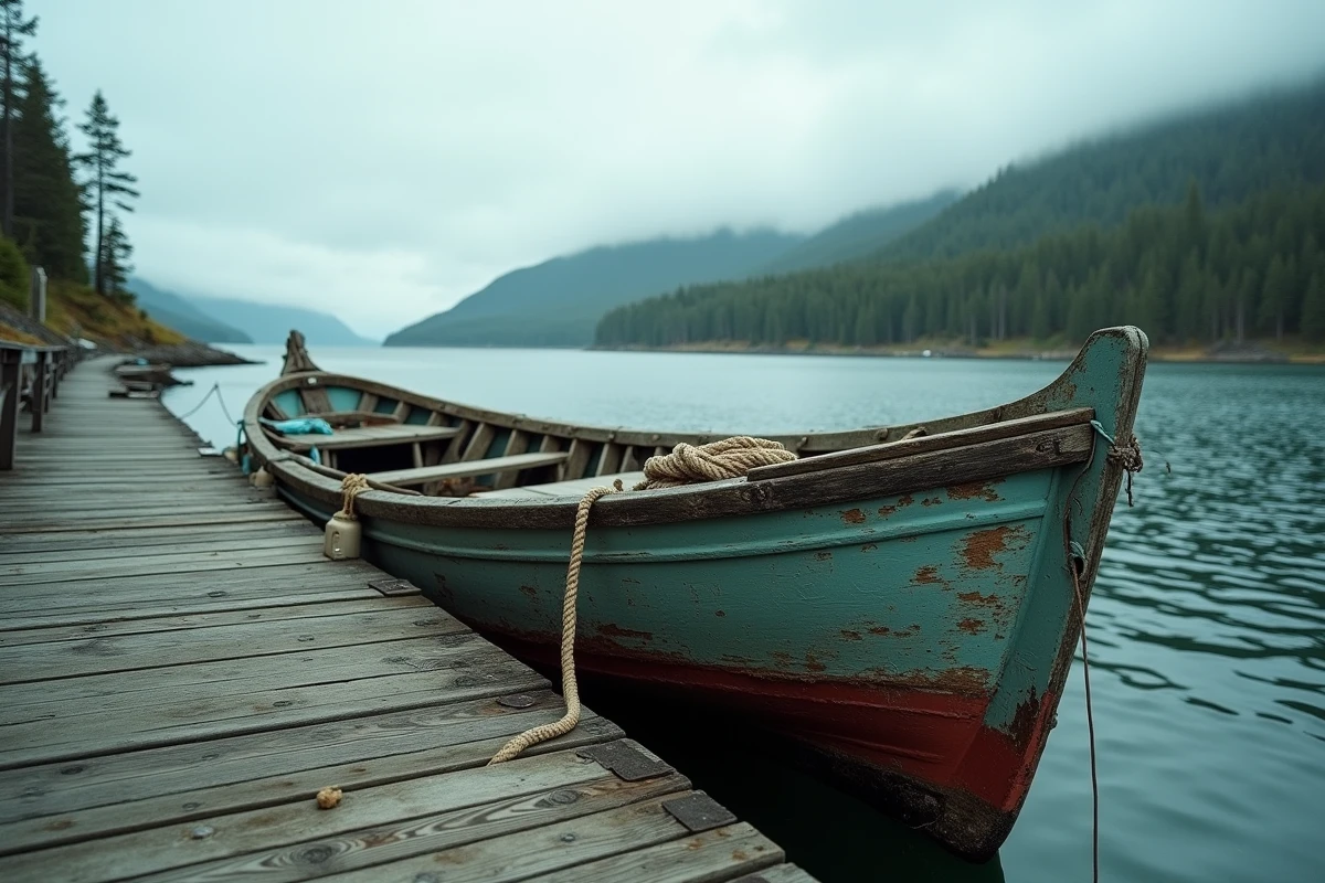 Vieux bateau de pêche amarré dans un port isolé d'Alaska, évoquant les témoins survivants du tsunami catastrophique de 1958 dans la baie de Lituya