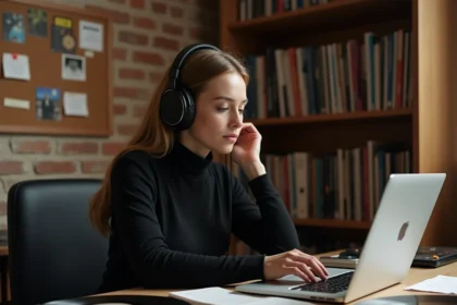 Jeune femme bloguant sur la musique électronique dans un home studio avec vinyles et notes manuscrites