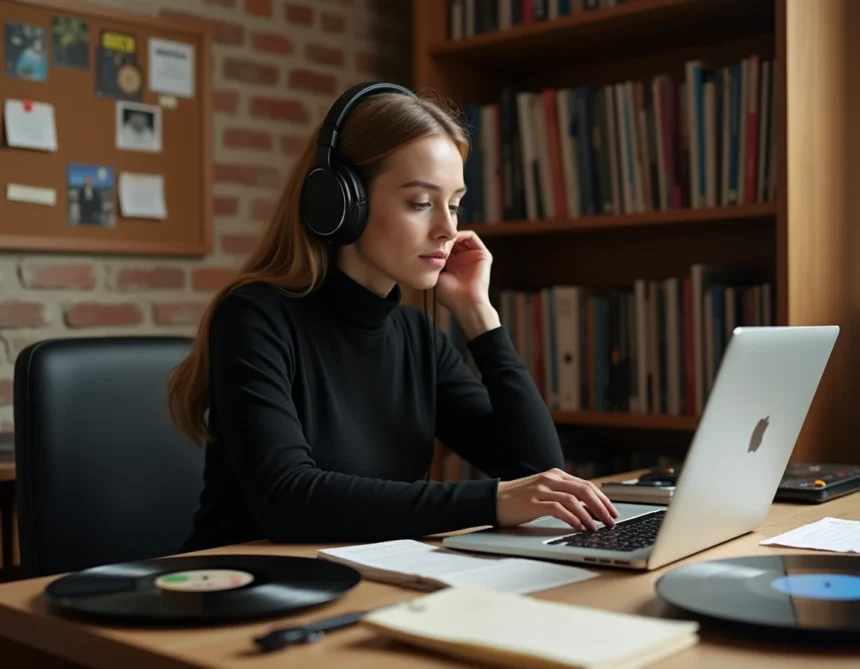 Jeune femme bloguant sur la musique électronique dans un home studio avec vinyles et notes manuscrites
