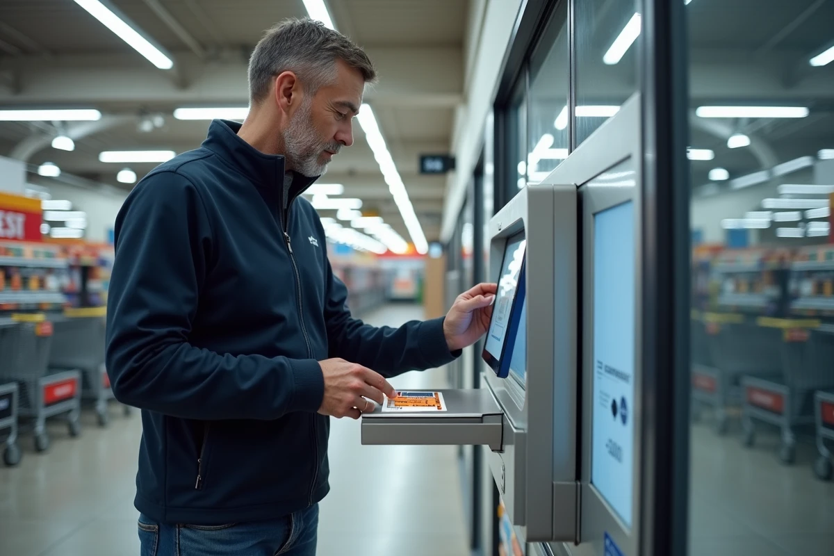 Homme utilisant une borne de dépôt automatique pour envoyer un colis Chronopost en supermarché