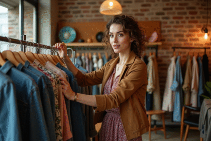 Femme dans une boutique vintage arrangeant des vêtements rétro