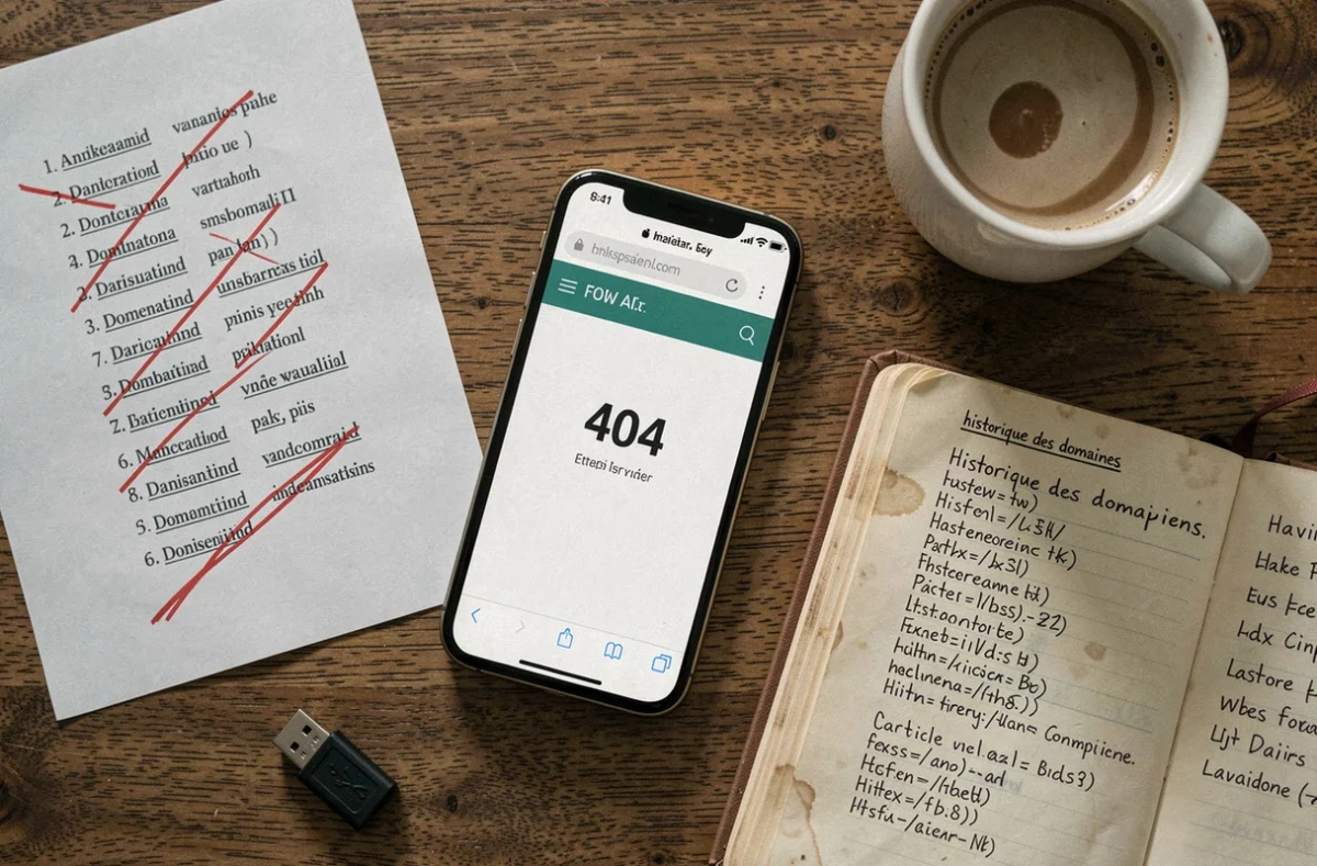 Vue aérienne d'un bureau avec smartphone affichant une erreur 404 et liste de noms de domaine barrés illustrant les changements fréquents d'adresse web