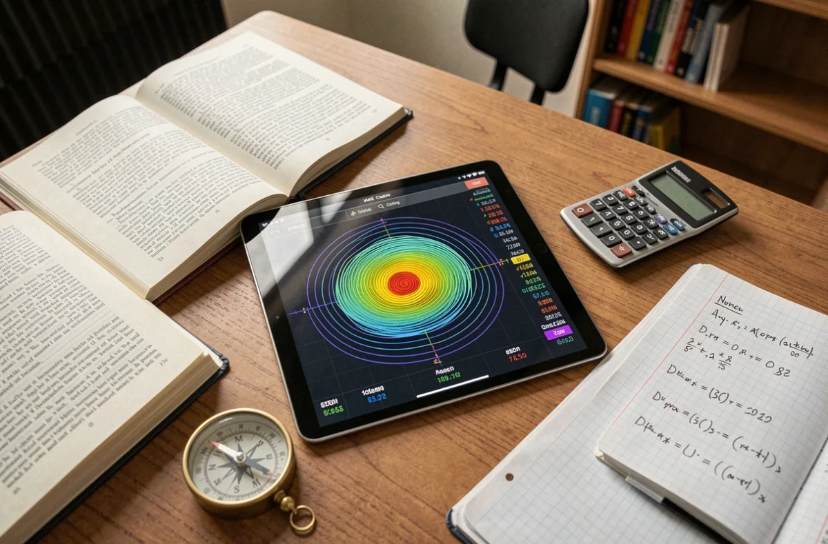 Vue aérienne d'un bureau d'étude avec tablette affichant une simulation de champ magnétique et outils de calcul électromagnétique