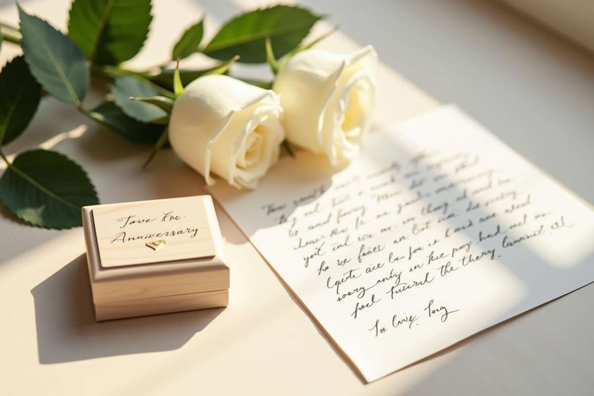 Disposition de cadeaux d anniversaire avec roses et lettre manuscrite