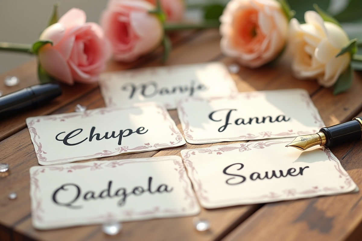 Cartes de noms élégantes avec Qname sur une table en bois