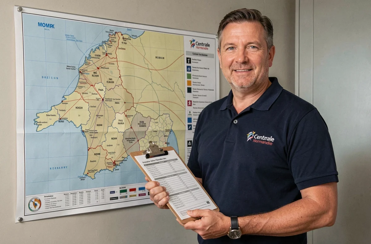 Technicien de Centrale Normandie à Caen devant une carte régionale en bureau de coordination avec bon de commande