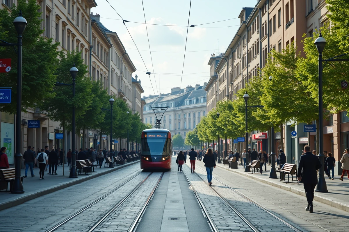 Centre-ville européen moderne illustrant l'infrastructure urbaine d'un pays développé avec tramway et espaces publics soignés