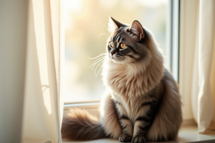 Chat persan chinchilla sur un rebord ensoleille