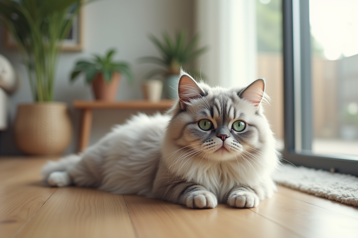 Chat persan chinchilla allongé sur un sol en bois clair