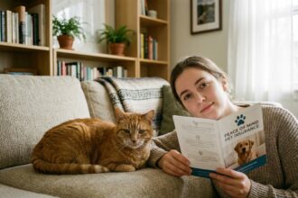 Chat senior assis sur un canapé moderne avec un humain