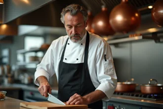 Chef expérimenté en cuisine professionnelle tenant un couteau de chef avec assurance devant des fourneaux actifs
