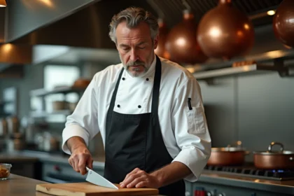Chef expérimenté en cuisine professionnelle tenant un couteau de chef avec assurance devant des fourneaux actifs