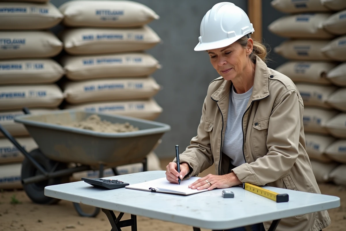 Femme cheffe de chantier calculant la conversion mètres carrés en mètres cubes pour un dosage de béton