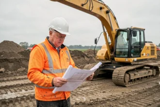 Chef de chantier en gilet haute visibilité consultant des plans devant une pelle mécanique jaune sur un chantier de terrassement