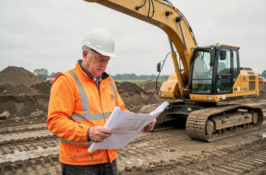 Chef de chantier en gilet haute visibilité consultant des plans devant une pelle mécanique jaune sur un chantier de terrassement