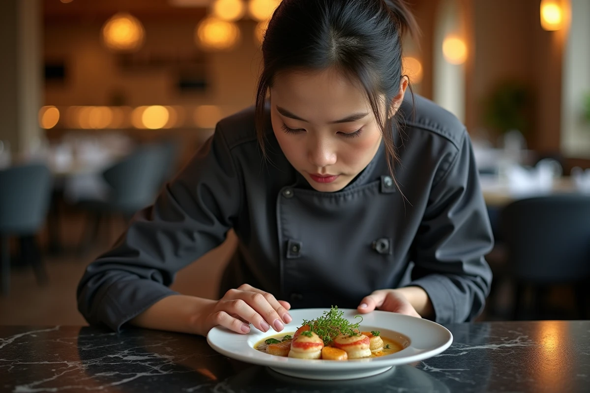 Cheffe professionnelle concentrée sur le dressage précis d'une assiette gastronomique dans un restaurant haut de gamme