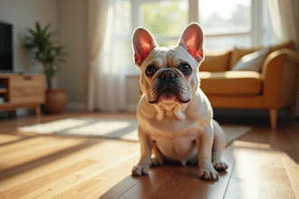 Bulldog français assis sur un sol en bois en salon lumineux