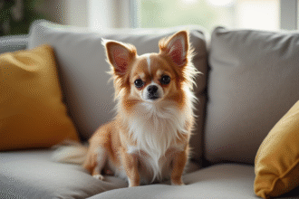 Chihuahua à long poil assis sur un canapé cosy