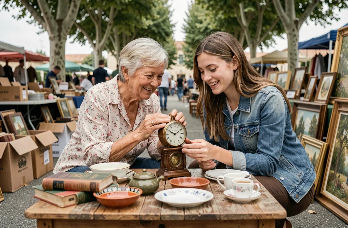 Grand-mère et petite-fille inspectant des objets anciens ensemble dans un vide-grenier provençal