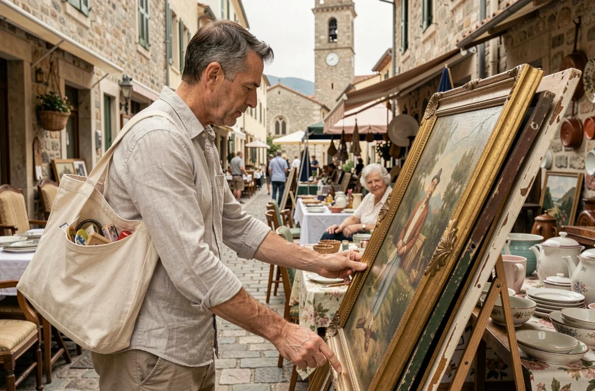 Homme examinant un tableau ancien dans une allée de vide-grenier d'un village des Alpes-Maritimes
