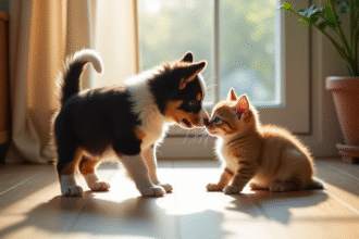 Chiot border collie jouant avec un chaton curieux en intérieur
