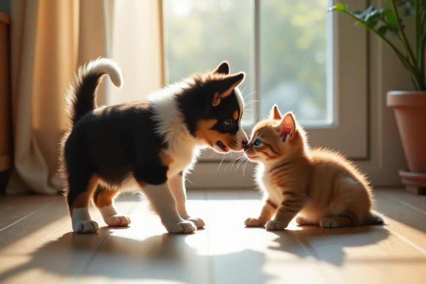 Chiot border collie jouant avec un chaton curieux en intérieur